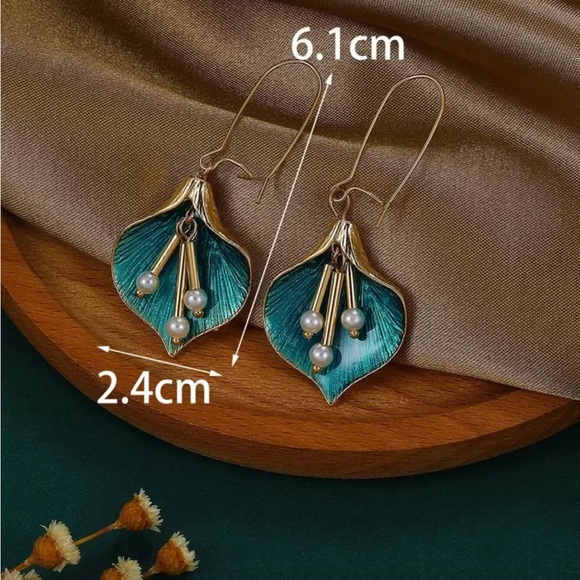 Anthropologie Gold Teal Leaf Earrings - Picture 4 of 5